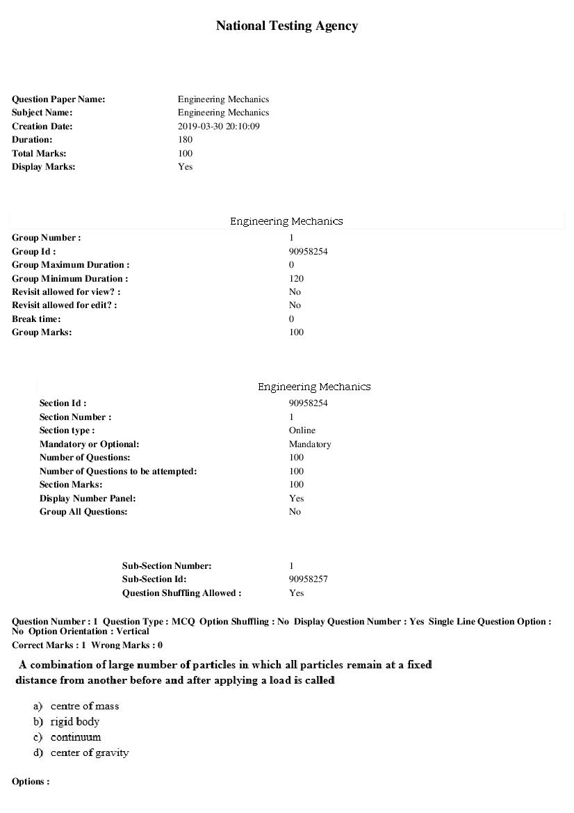 ARPIT 2019 Question Paper for Engineering Mechanics - Page 1 of 37