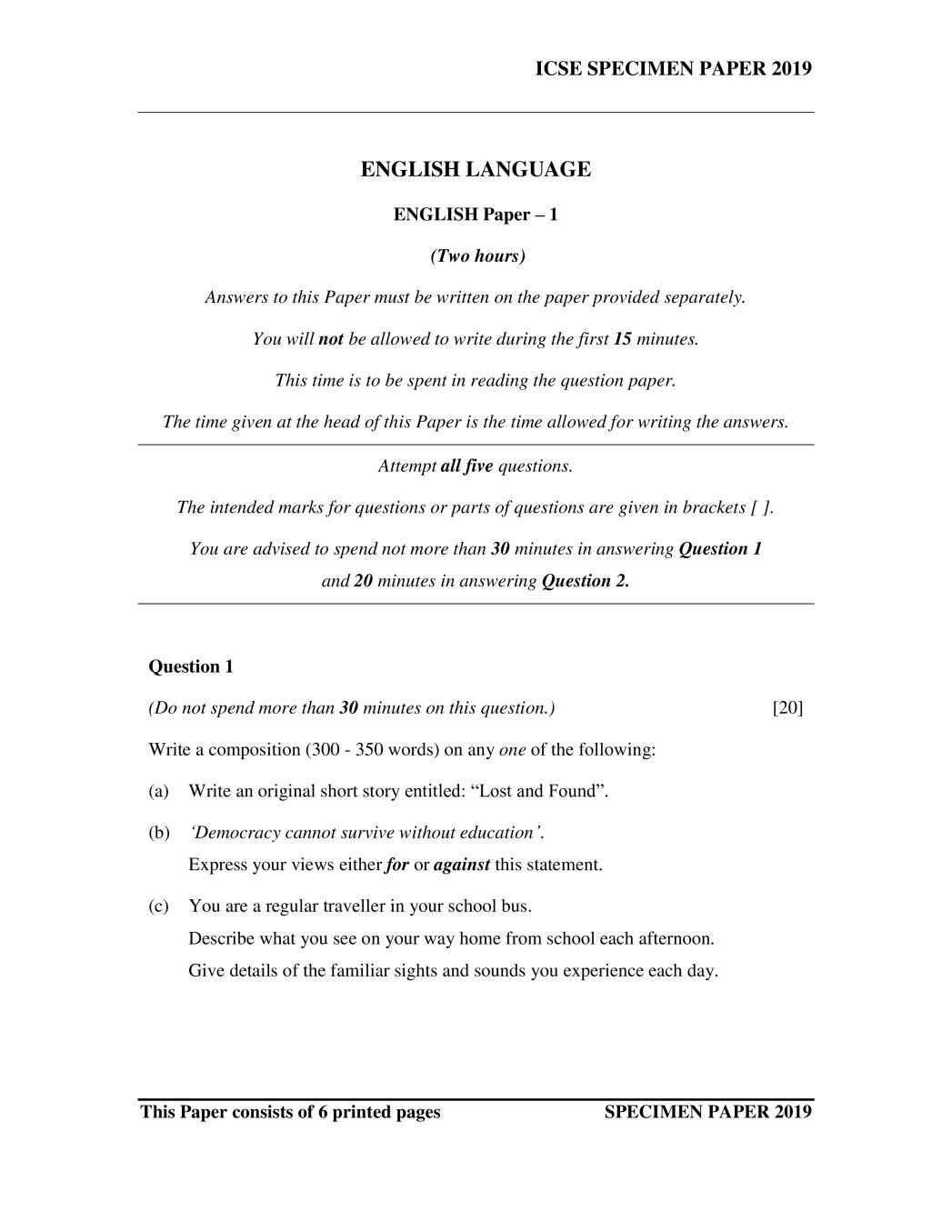 ICSE Class 10 Specimen Paper 2019 for English Language Paper 1 - Page 1