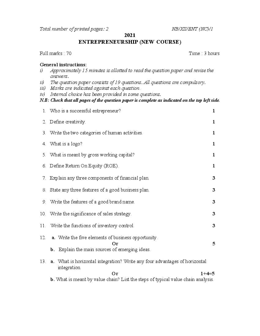 NBSE Class 12 Question Paper 2021 for Entrepreneurship - Page 1