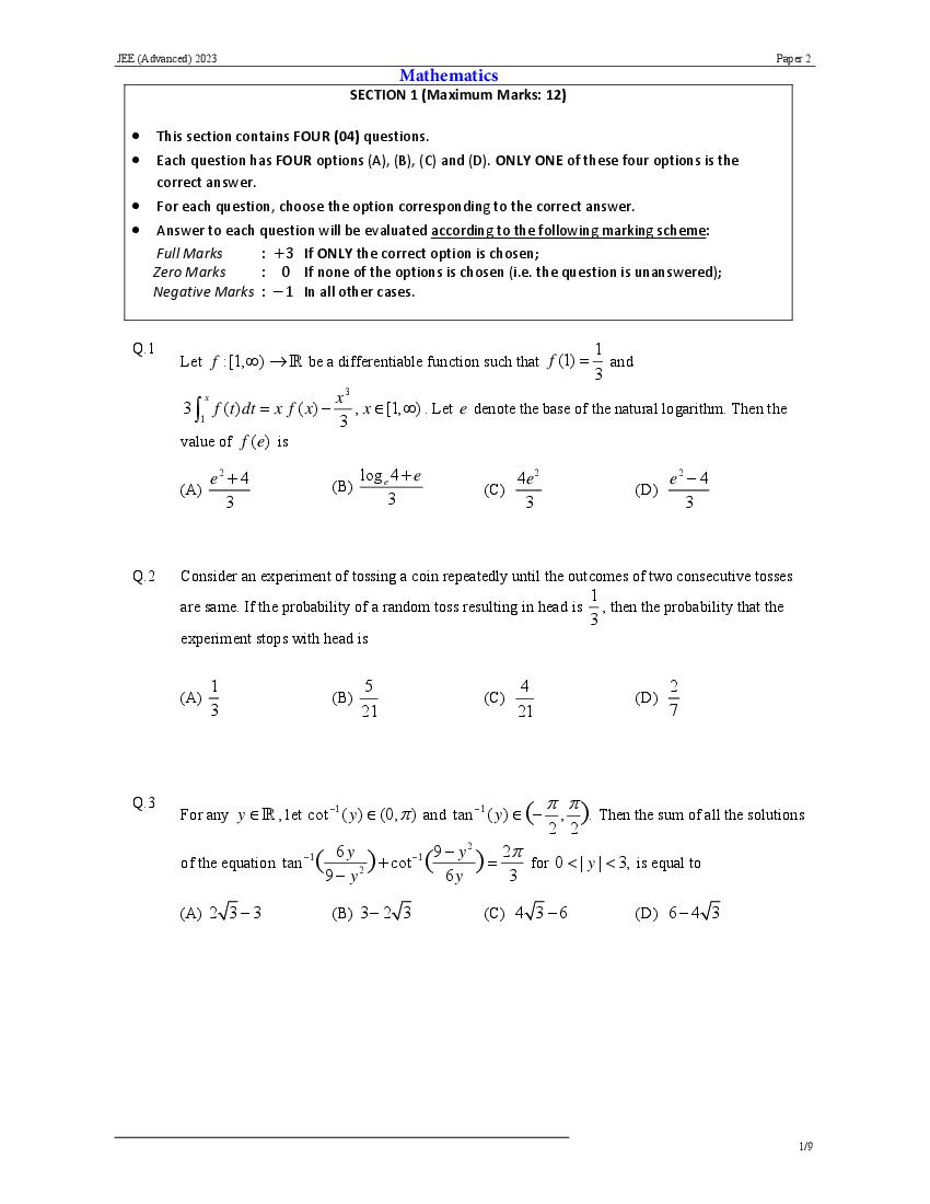 JEE Advanced 2023 Question Paper 2 - Page 1