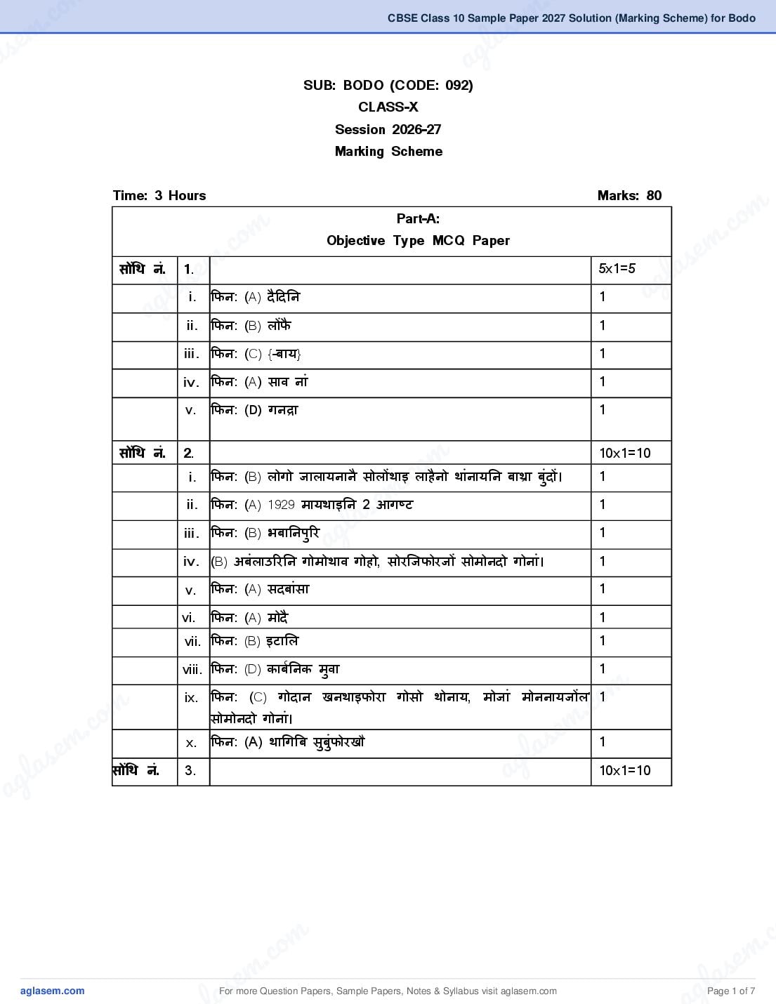 CBSE Class 10 Sample Paper 2027 Solution (Marking Scheme) for Bodo - Page 1 of 7