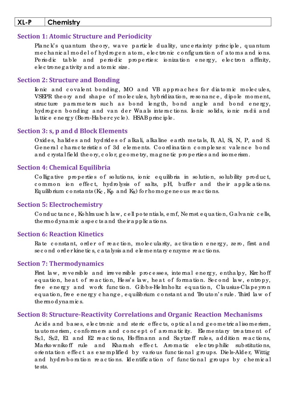 GATE 2020 Syllabus for Chemistry (XL_P)
