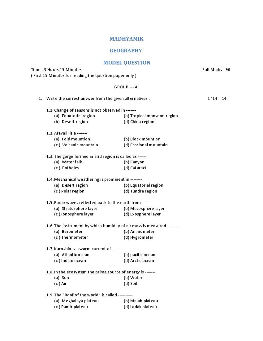 Rabindra Mukta Vidyalaya Madhyamik Model Question Paper Geography - Page 1