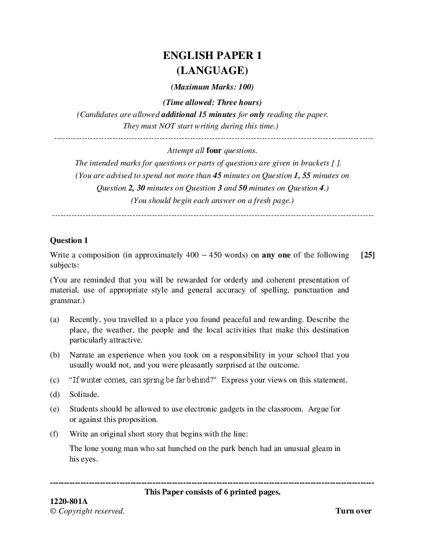 ISC Class 12 Question Paper 2020 for English Paper 1 - Page 1