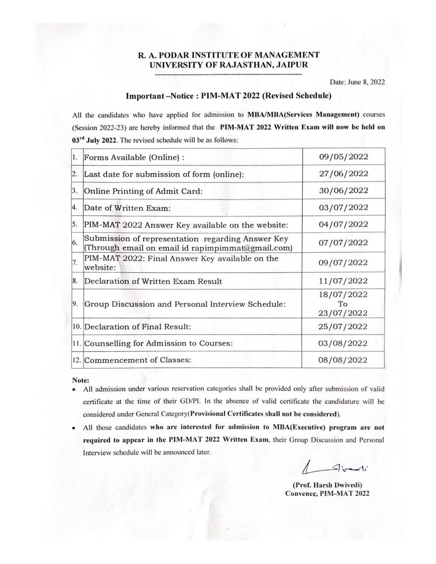 PIM MAT 2022 Exam Schedule Revised