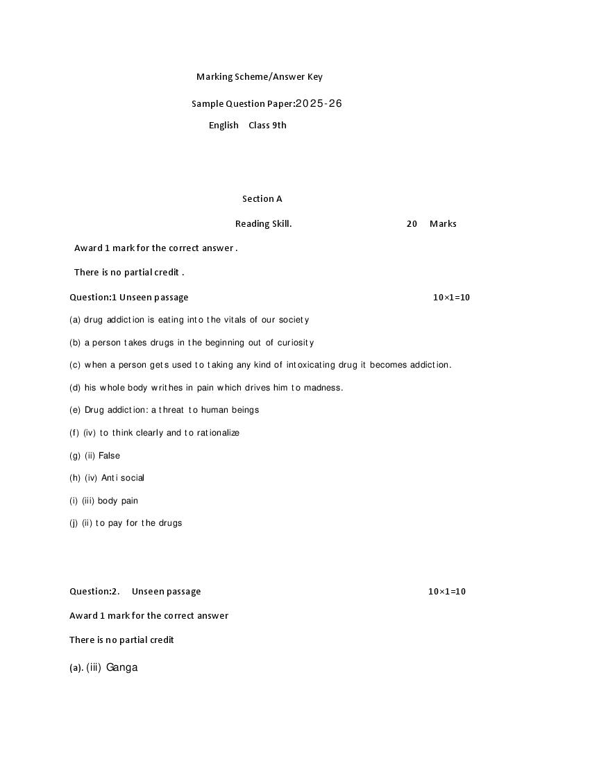 HBSE Class 9 Sample Paper 2026 Answers English - Page 1