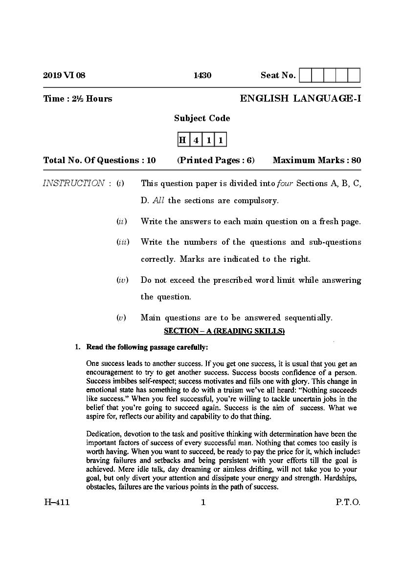 Goa Board Class 12 Question Paper June 2019 English Language I - Page 1