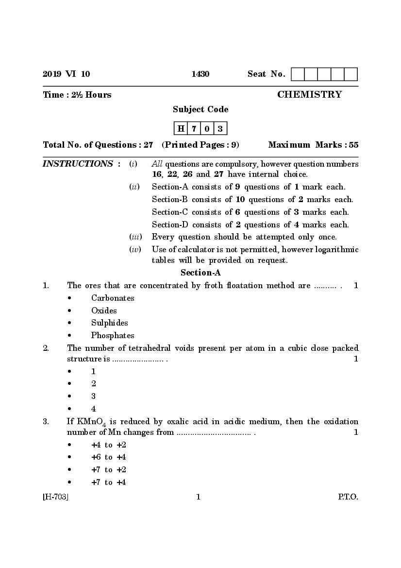 Goa Board Class 12 Question Paper June 2019 Chemsitry - Page 1