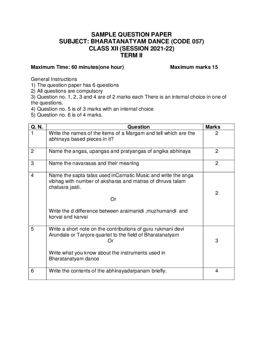CBSE Class 12 Sample Paper 2022 for Bharatnatyam Term 2 - Page 1