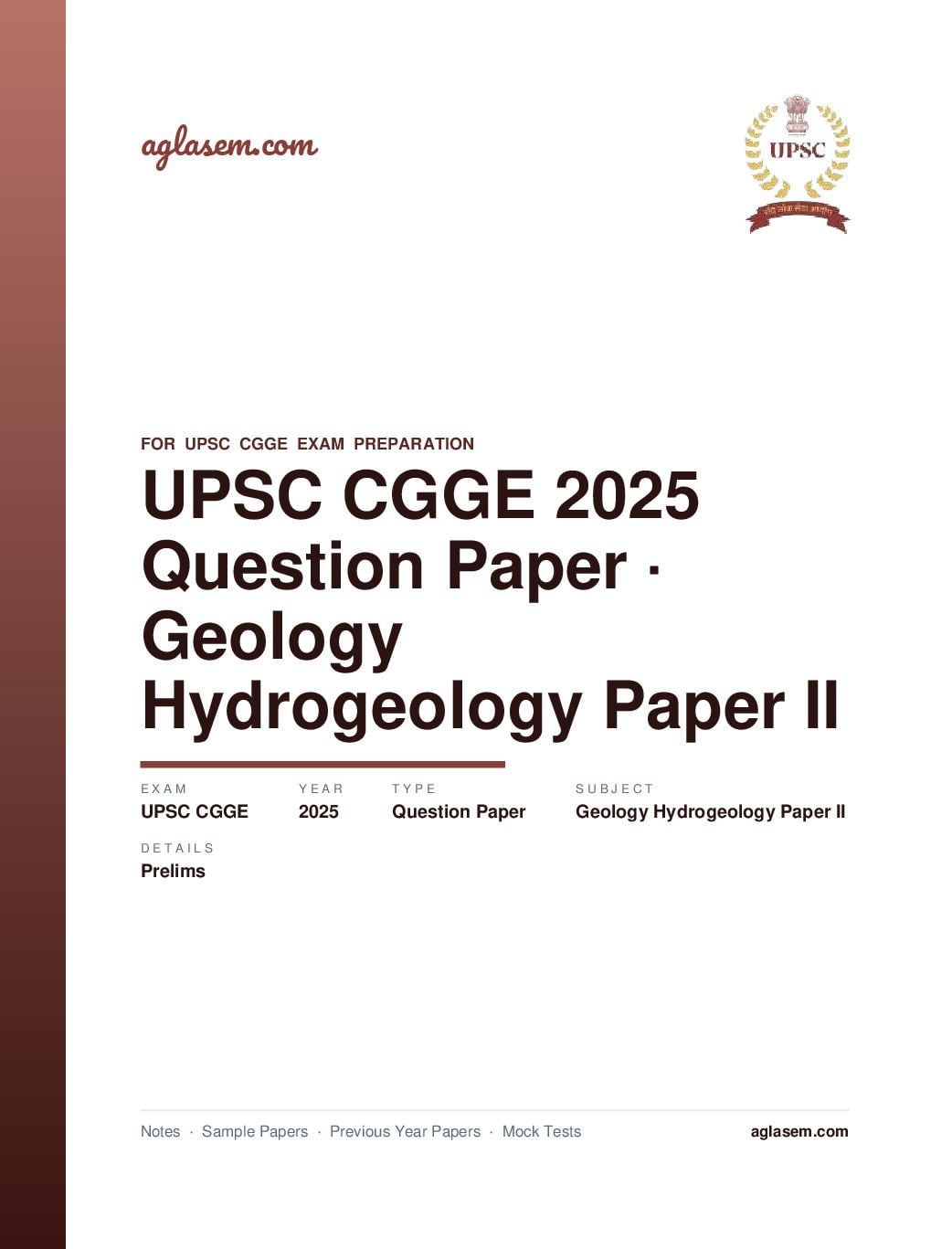 UPSC CGGE 2025 (Prelims) Question Paper Geology and Hydrogeology Paper II - Page 1 of 25