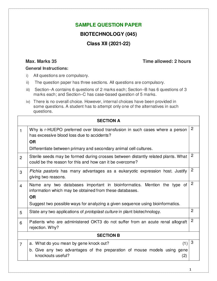 CBSE Class 12 Sample Paper 2022 for Biotechnology Term 2 - Page 1