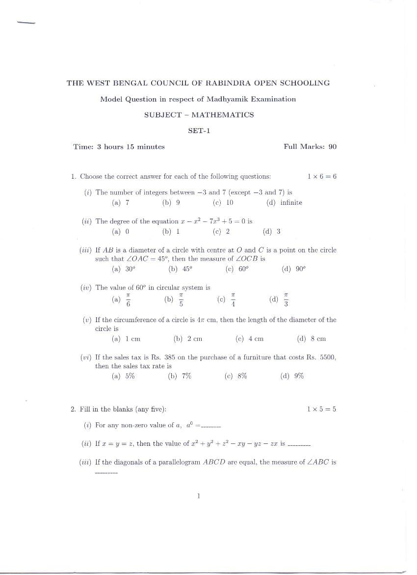 Rabindra Mukta Vidyalaya Madhyamik Model Question Paper Maths - Page 1
