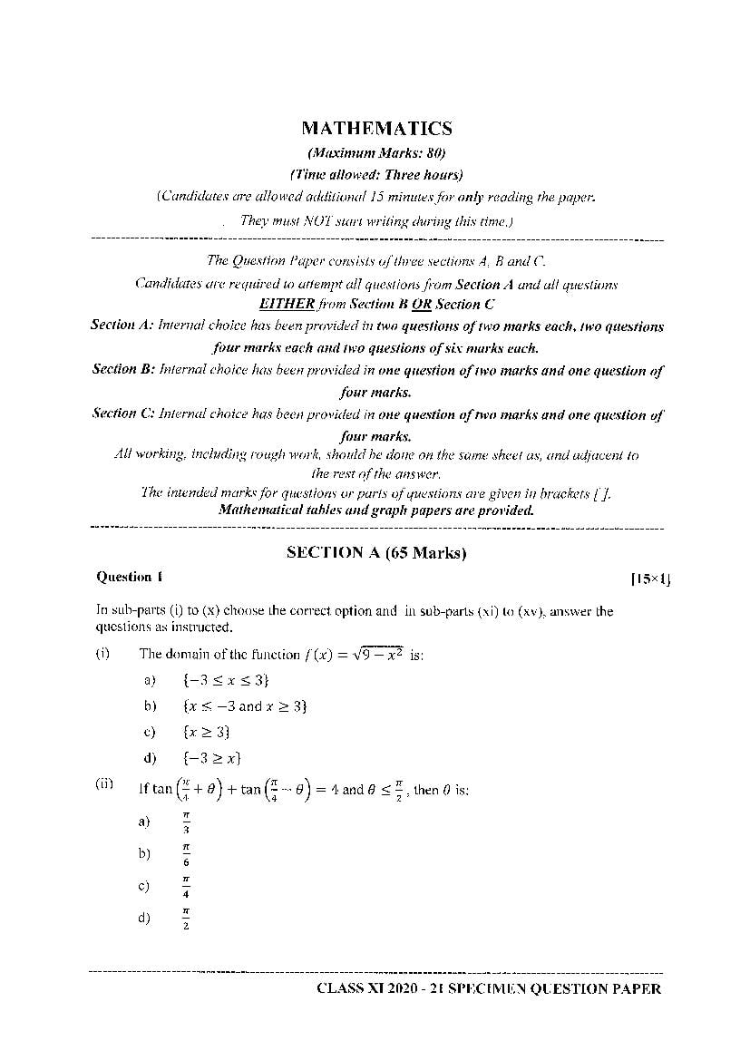 ISC Class 11 Specimen Paper Maths - Page 1