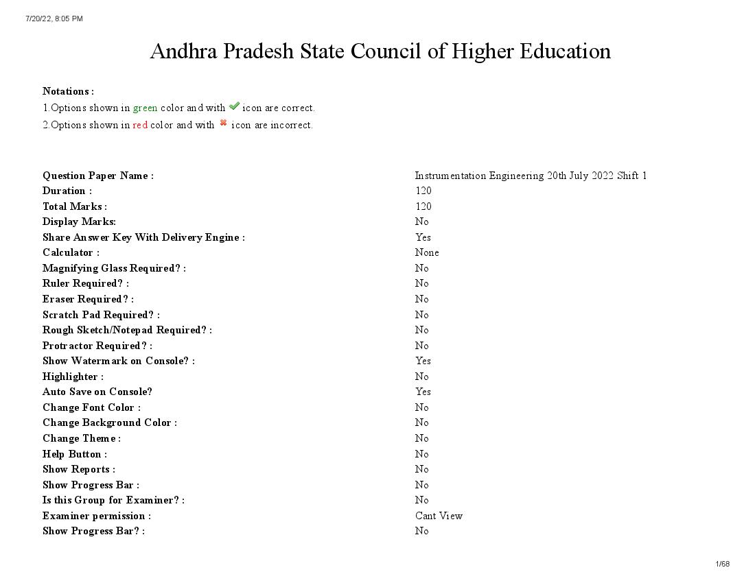 AP PGECET 2022 Question Paper with Answer Key Instrumentation - Page 1