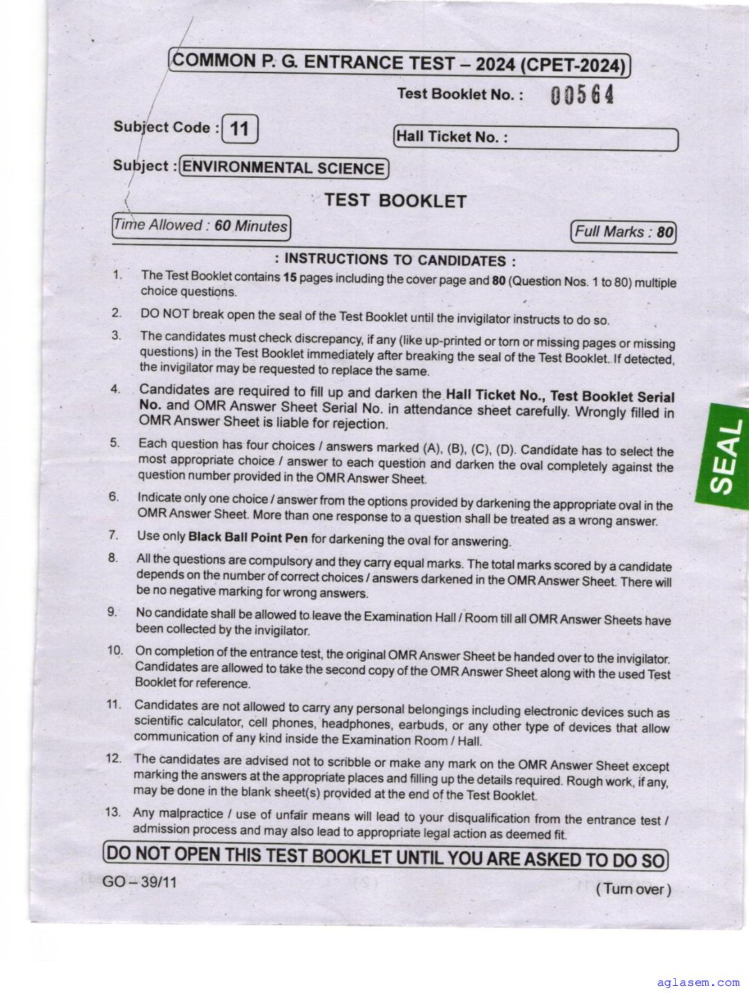 Odisha CPET 2024 Question Paper Environmental Science - Page 1 of 16