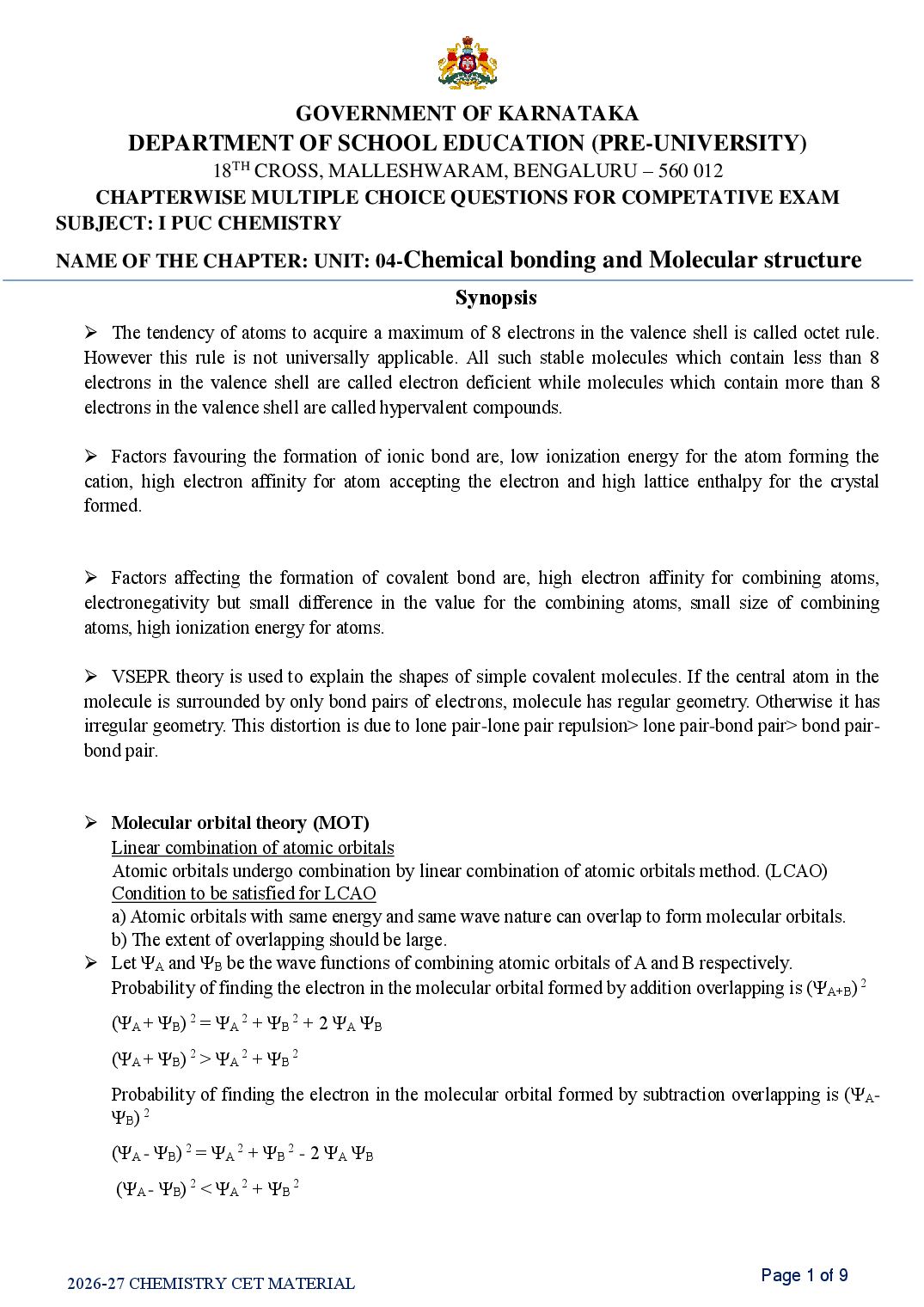 Karnataka 1st PUC Chemistry Chemical Bonding MCQ with Answers - Page 1 of 9