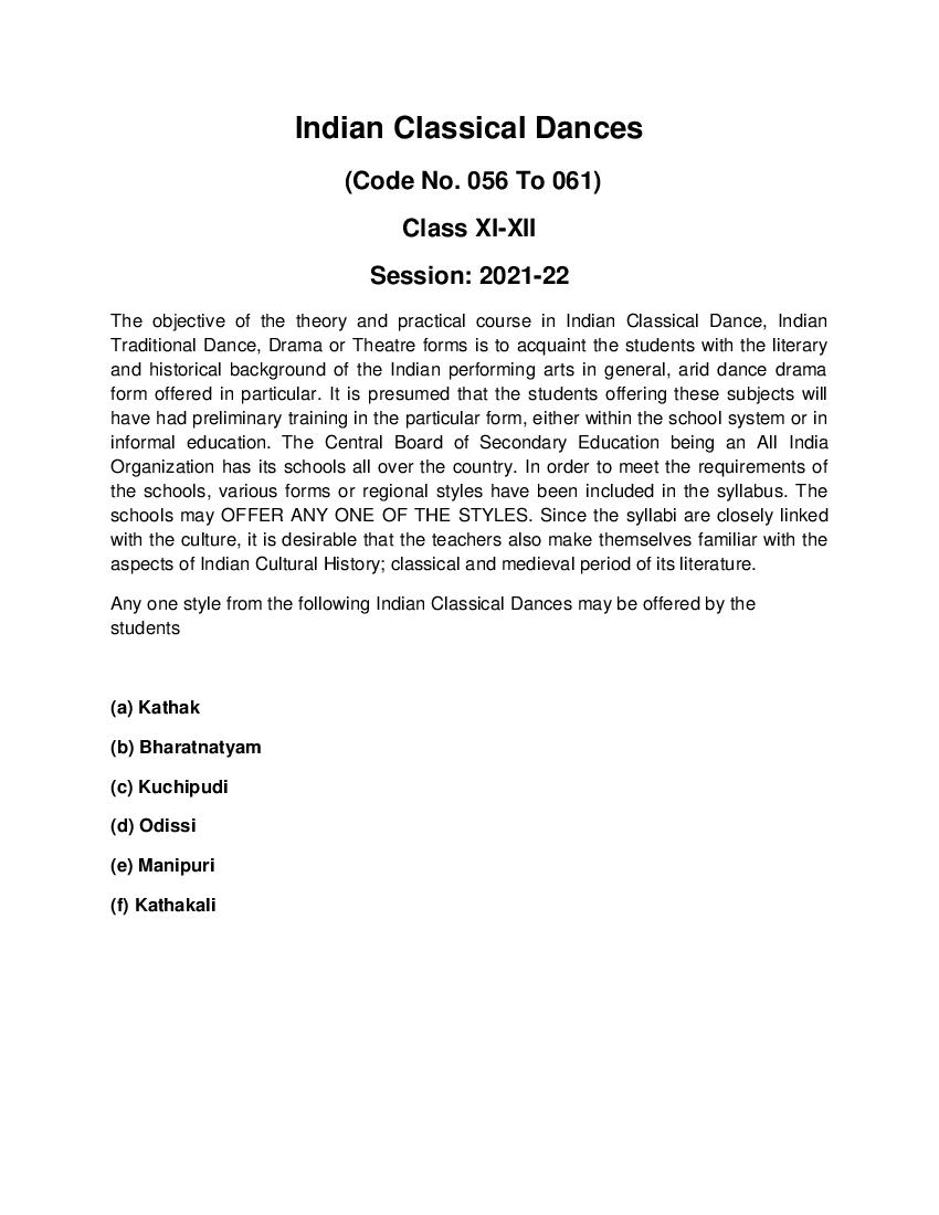 CBSE Class 11 Indian Classical Dances Syllabus 2021-22 - Page 1