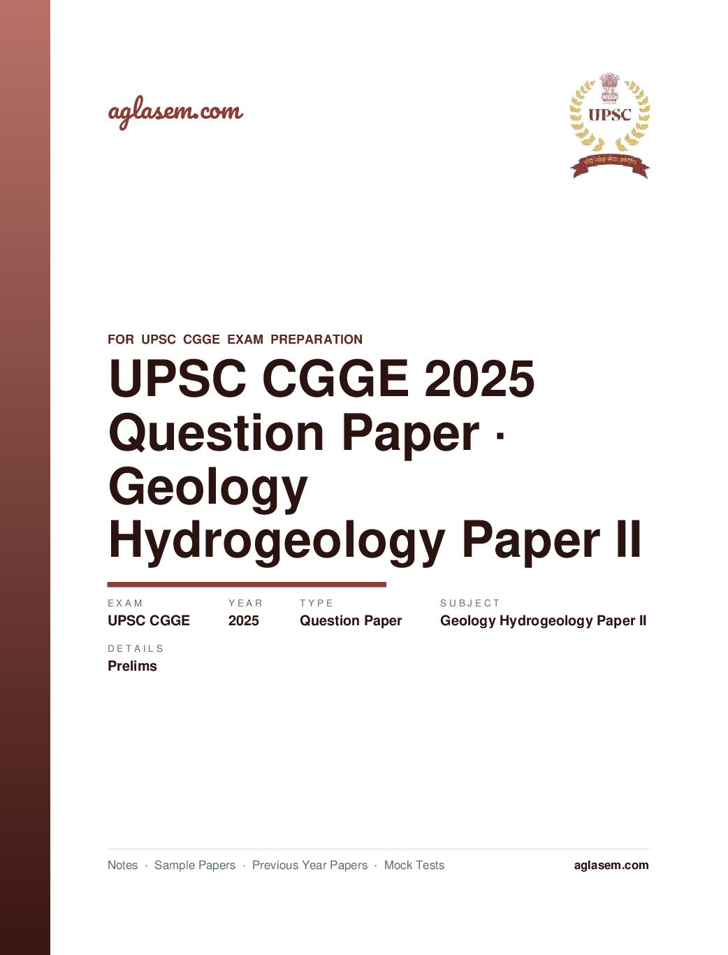 UPSC CGGE 2025 (Prelims) Question Paper Geology and Hydrogeology Paper II - Page 1 of 25