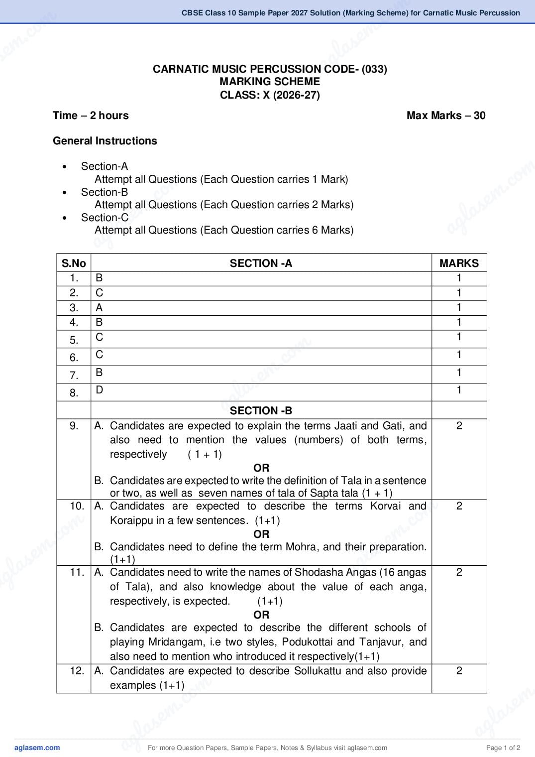 CBSE Class 10 Sample Paper 2027 Solution (Marking Scheme) for Carnatic Music Percussion - Page 1 of 2