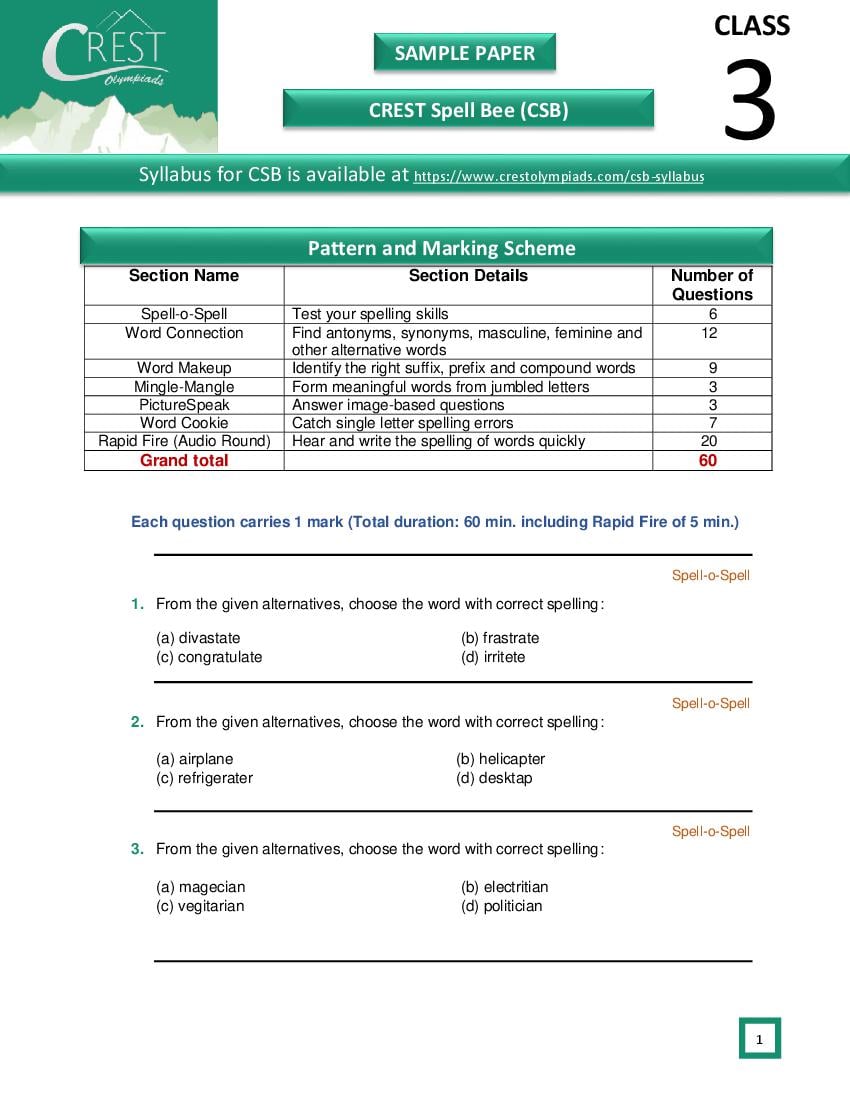 CREST International Spell Bee (CSB) Class 3 Sample Paper - Page 1