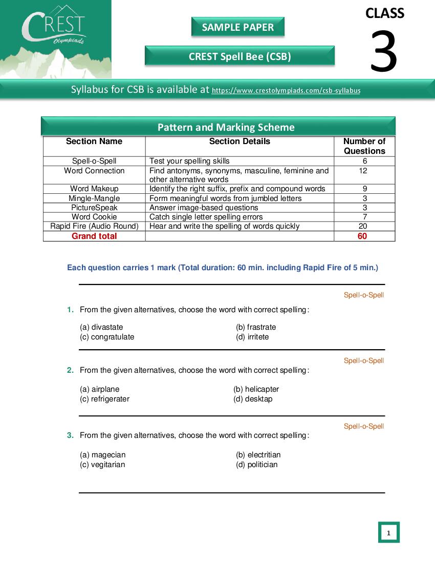 CREST International Spell Bee CSB Class 3 Sample Paper