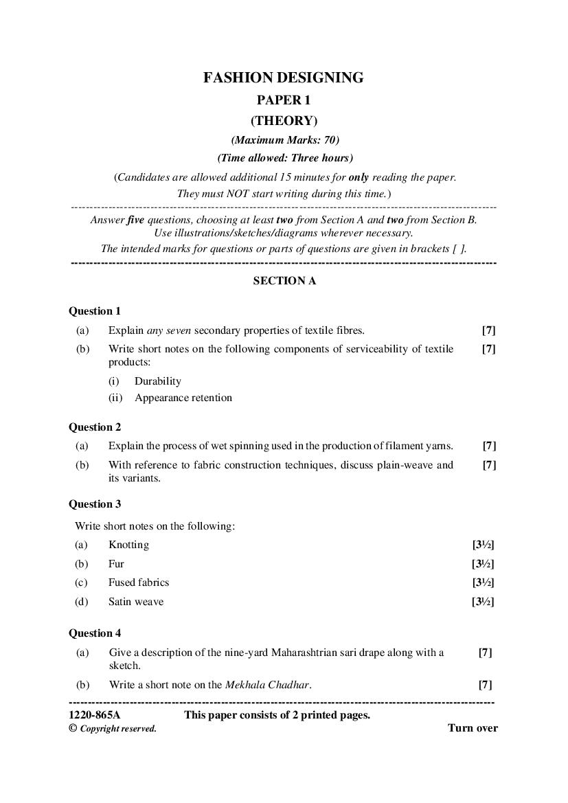 ISC Class 12 Question Paper 2020 for Fashion Designing - Page 1
