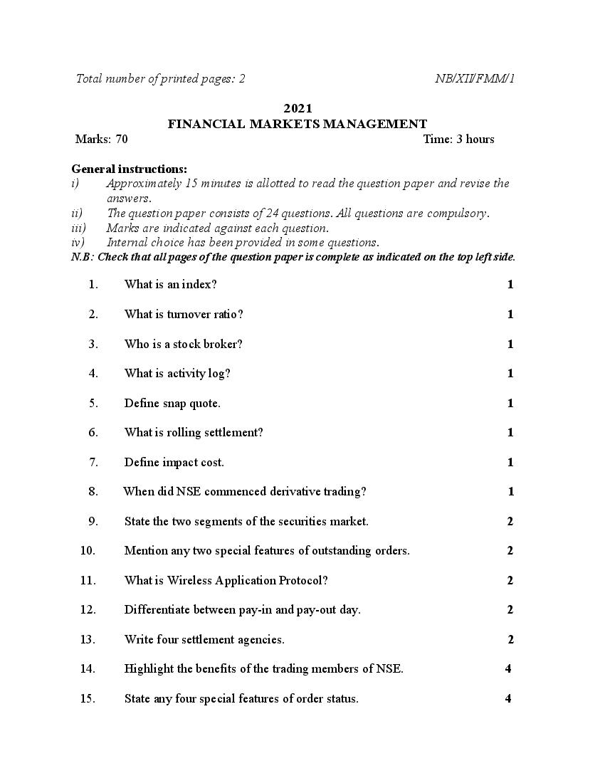 NBSE Class 12 Question Paper 2021 for Financial Markets Management - Page 1