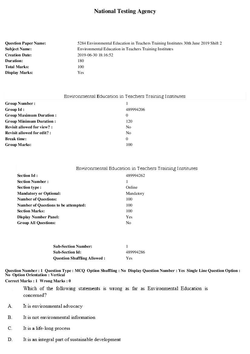ARPIT 2019 Question Paper for Environmental Education in Teachers Training Institutes Shift 2 - Page 1 of 38