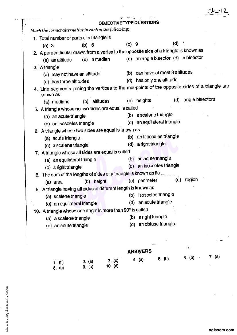 RD Sharma Solutions Class 6 Maths Chapter 12 Triangles MCQ - Page 1