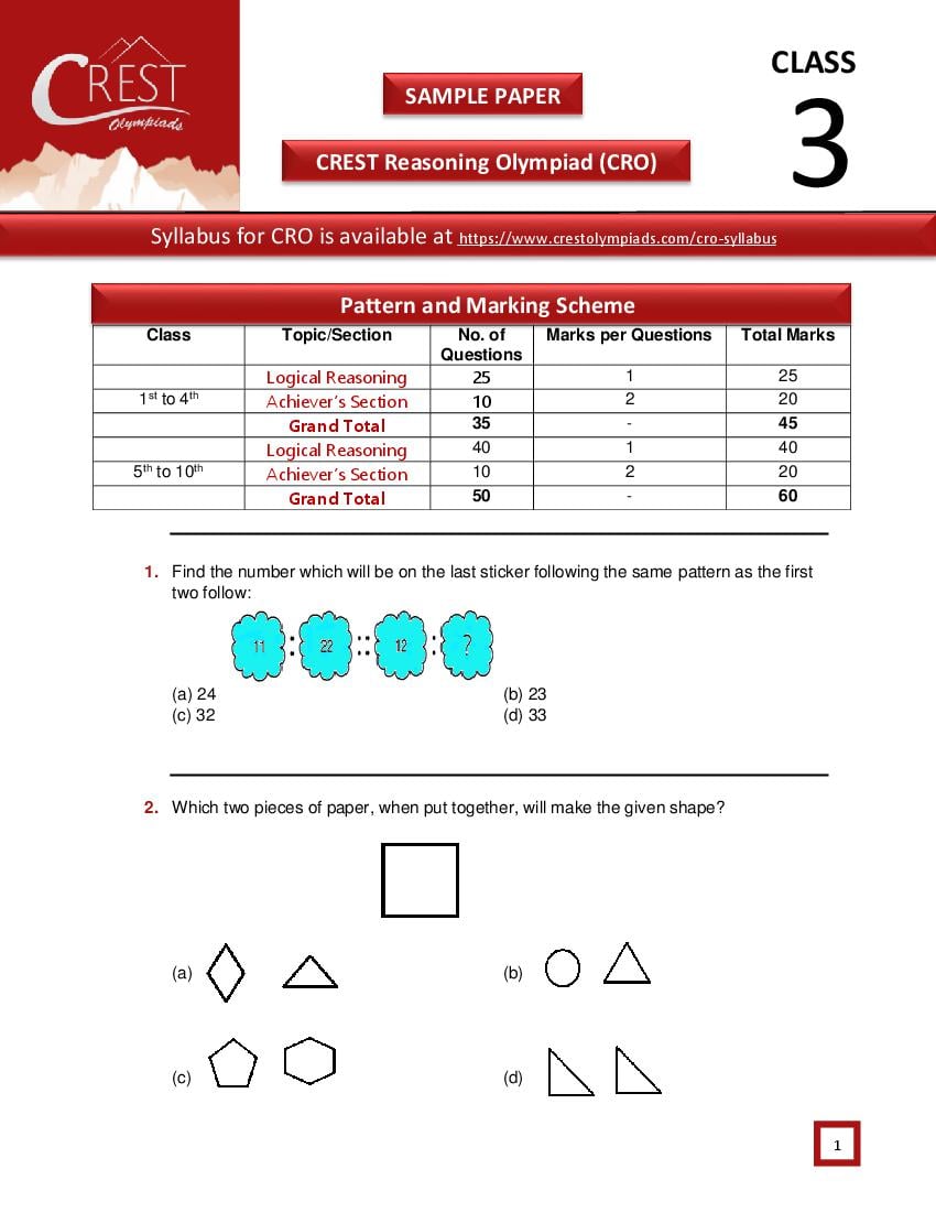 CREST Reasoning Olympiad (CRO) Class 3 Sample Paper - Page 1
