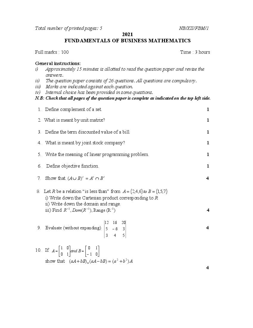 NBSE Class 12 Question Paper 2021 for Fundamental of Business Maths - Page 1