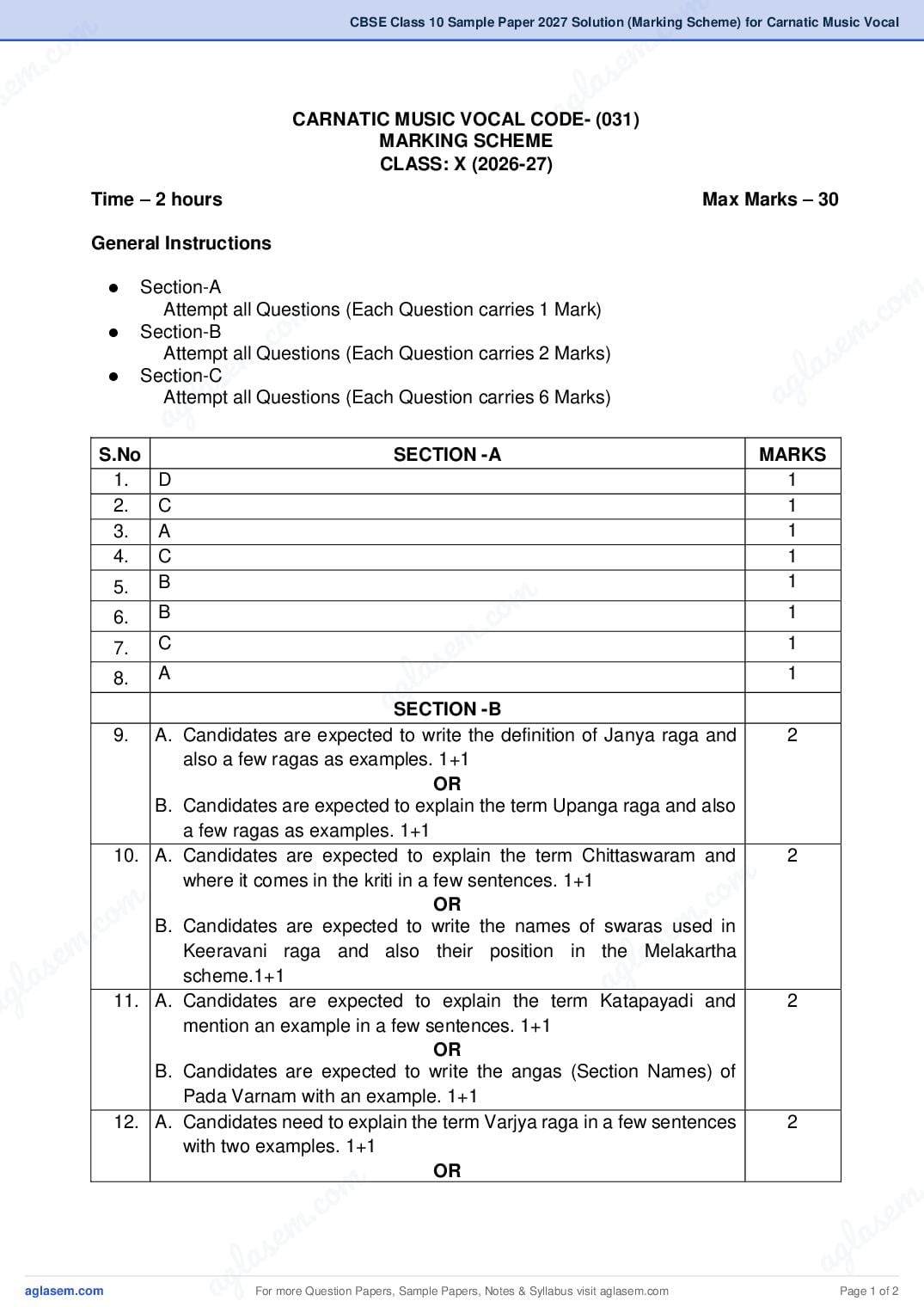 CBSE Class 10 Sample Paper 2027 Solution (Marking Scheme) for Carnatic Music Vocal - Page 1 of 2