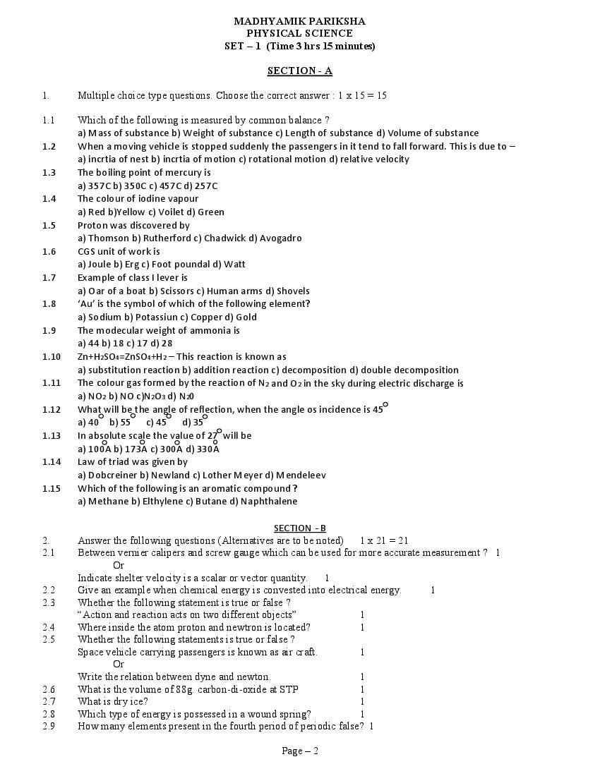 Rabindra Mukta Vidyalaya Madhyamik Model Question Paper Physical Science - Page 1