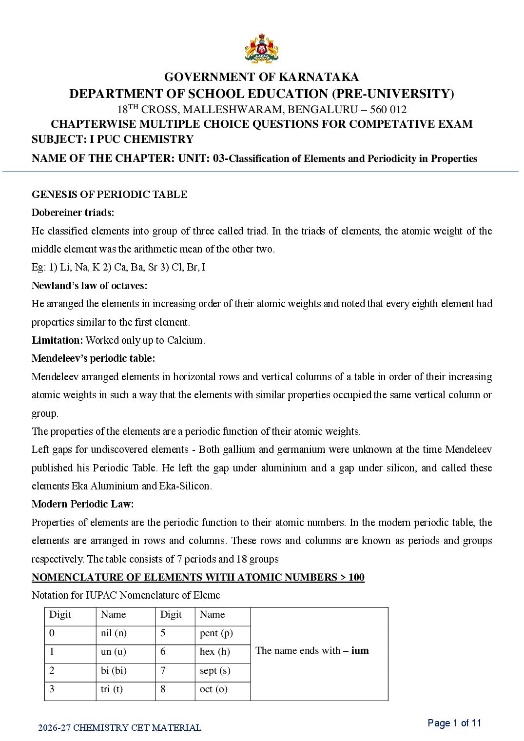 Karnataka 1st PUC Chemistry Classification of Elements and Periodicity in Properties MCQ with Answers - Page 1 of 11
