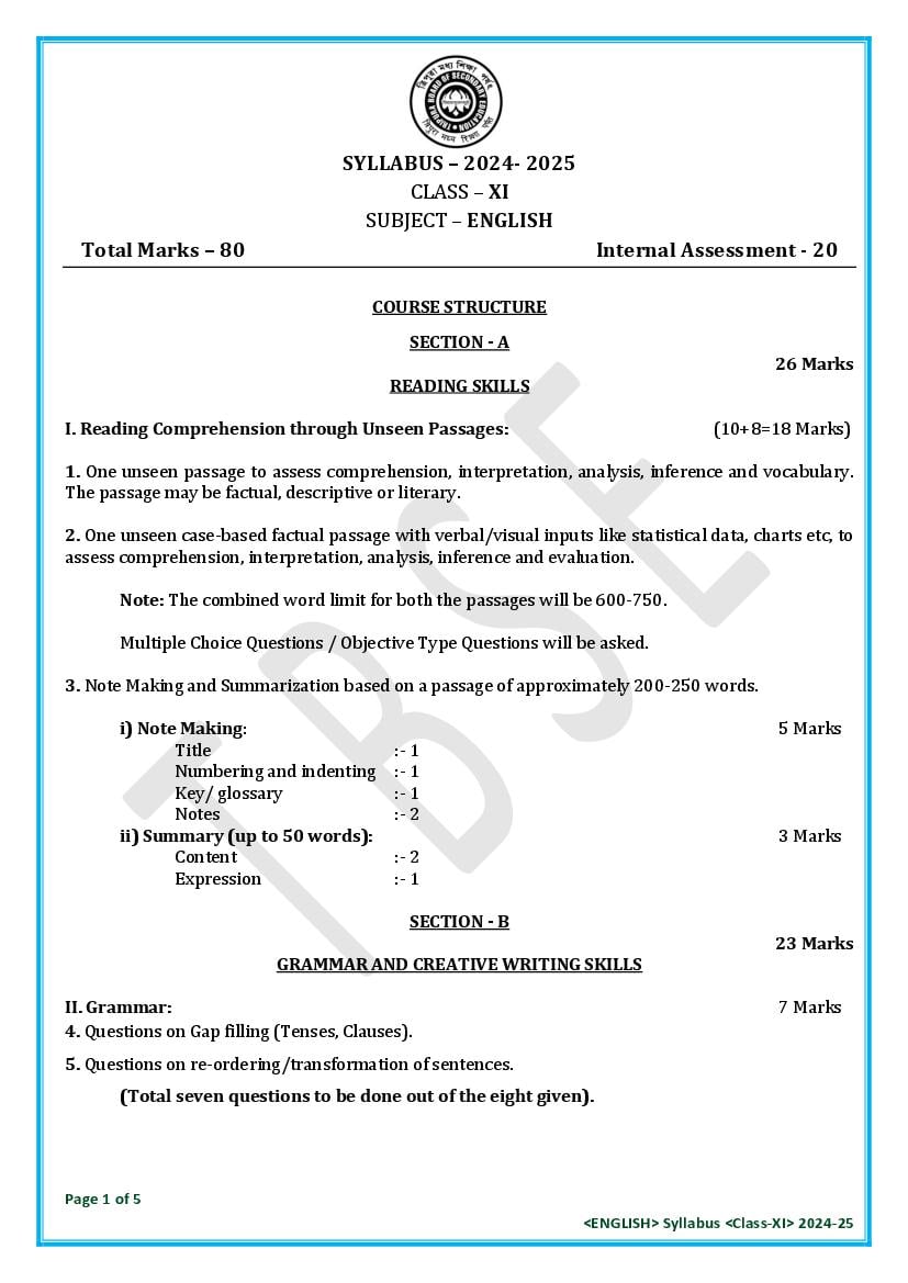 TBSE Class 11 Syllabus 2025 English - Page 1