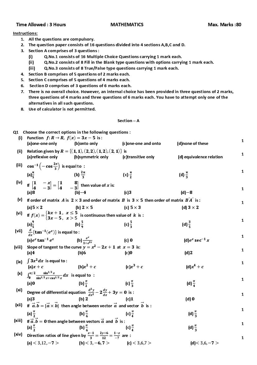 PSEB 12th Model Test Paper 2023 Maths - Page 1