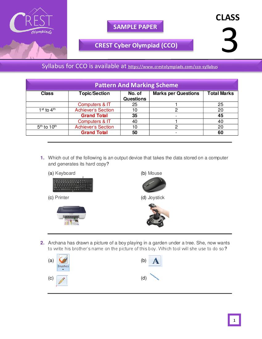 CREST Cyber Olympiad (CCO) Class 3 Sample Paper - Page 1