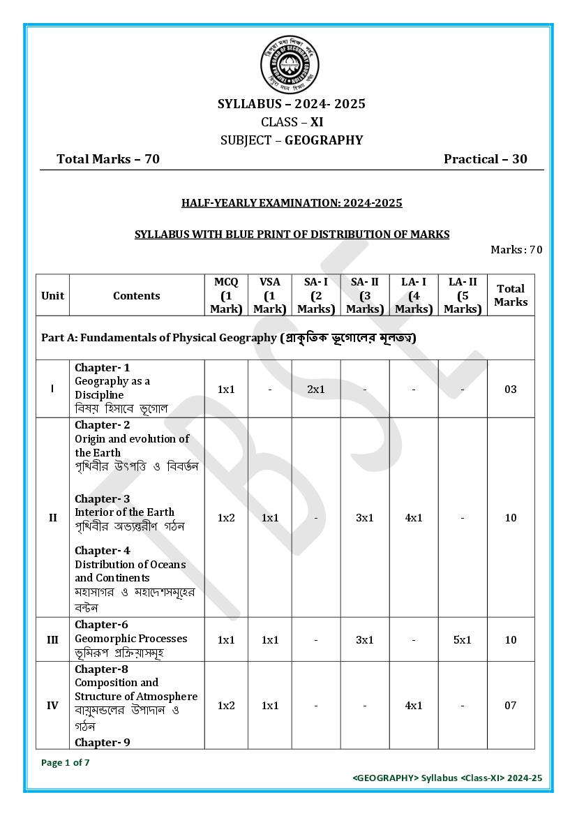 TBSE Class 11 Syllabus 2025 Geography - Page 1
