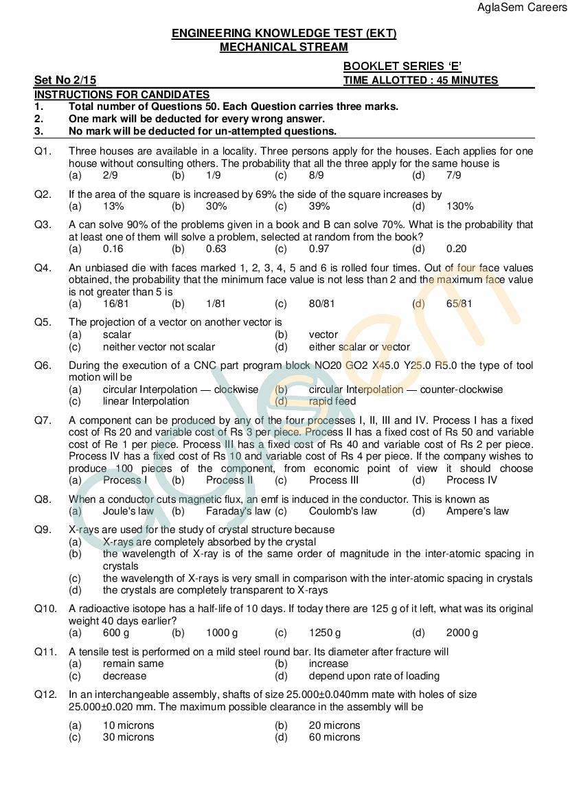 AFCAT (2) 2015 EKT Question Paper (Mechanical) - Page 1