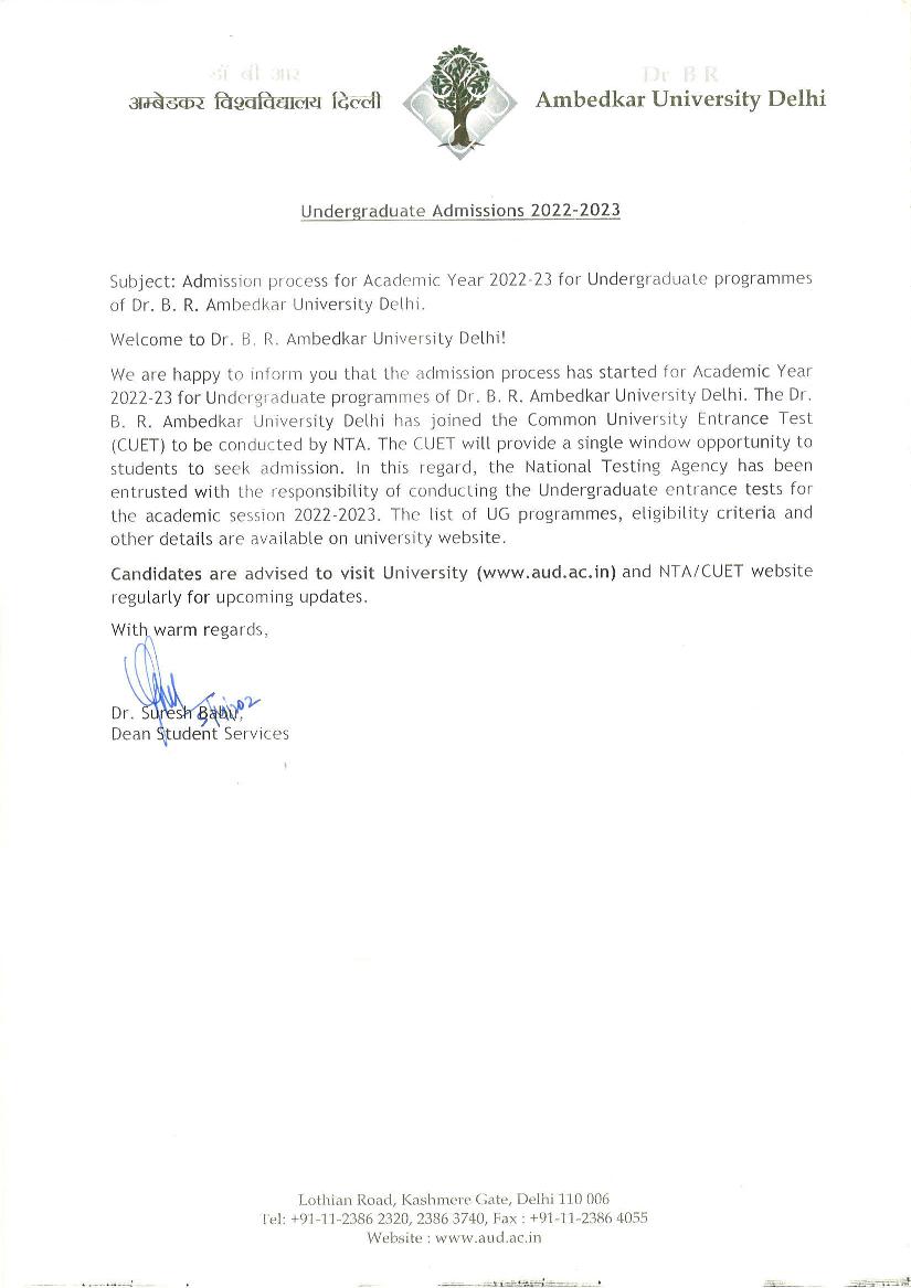 Ambedkar University UG Admission Process 2022 Notice - Page 1