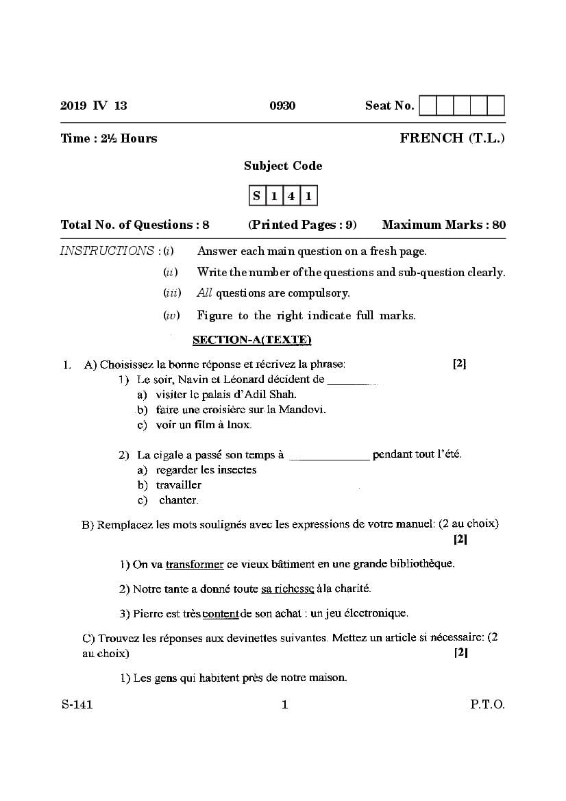Goa Board Class 10 Question Paper Mar 2019 French T.L. - Page 1