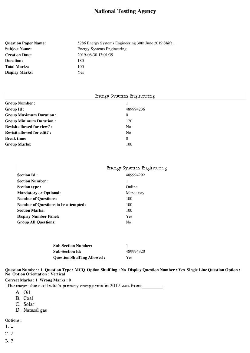 ARPIT 2019 Question Paper for Energy Systems Engineering Shift 1 - Page 1 of 33