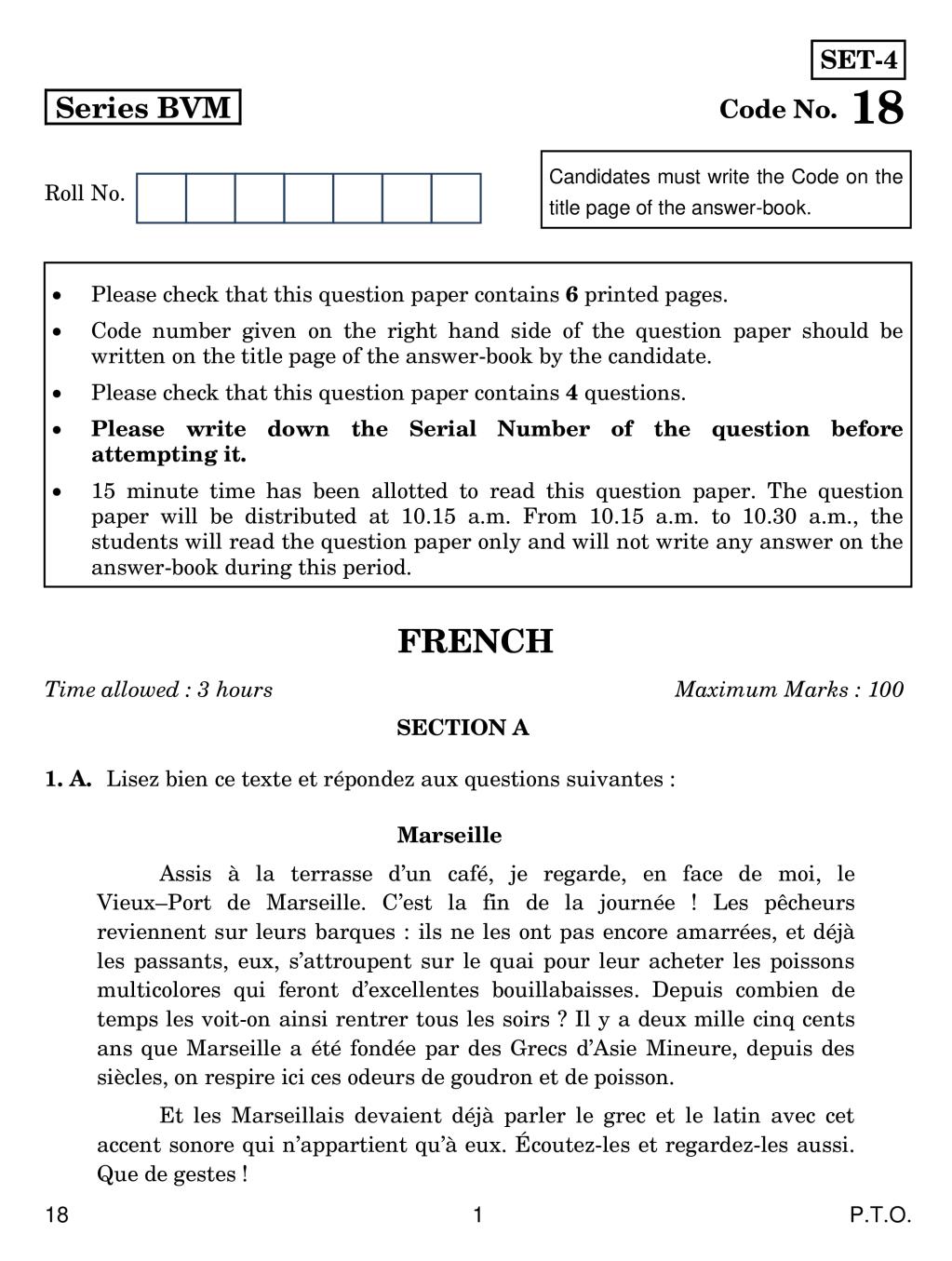 CBSE Class 12 French Question Paper 2019 - Page 1