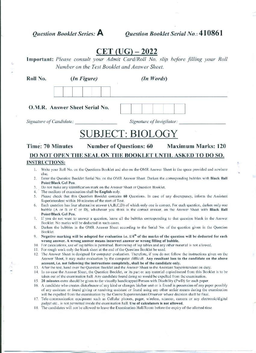 PU CET UG 2022 Question Paper Biology - Page 1