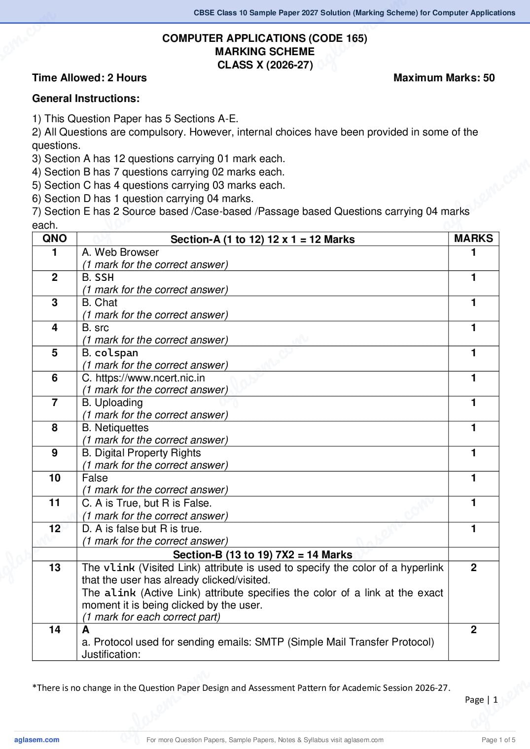 CBSE Class 10 Sample Paper 2027 Solution (Marking Scheme) for Computer Applications - Page 1 of 5