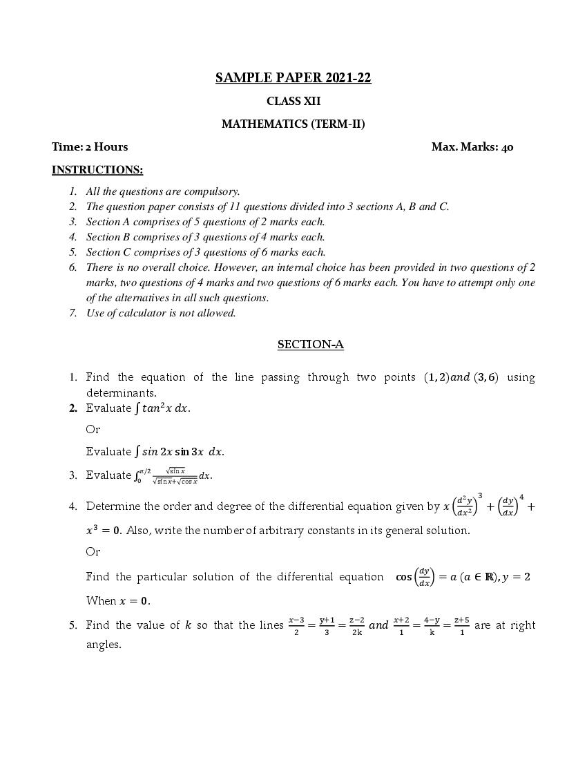 PSEB 12th Model Test Paper 2022 Maths Term 2 - Page 1
