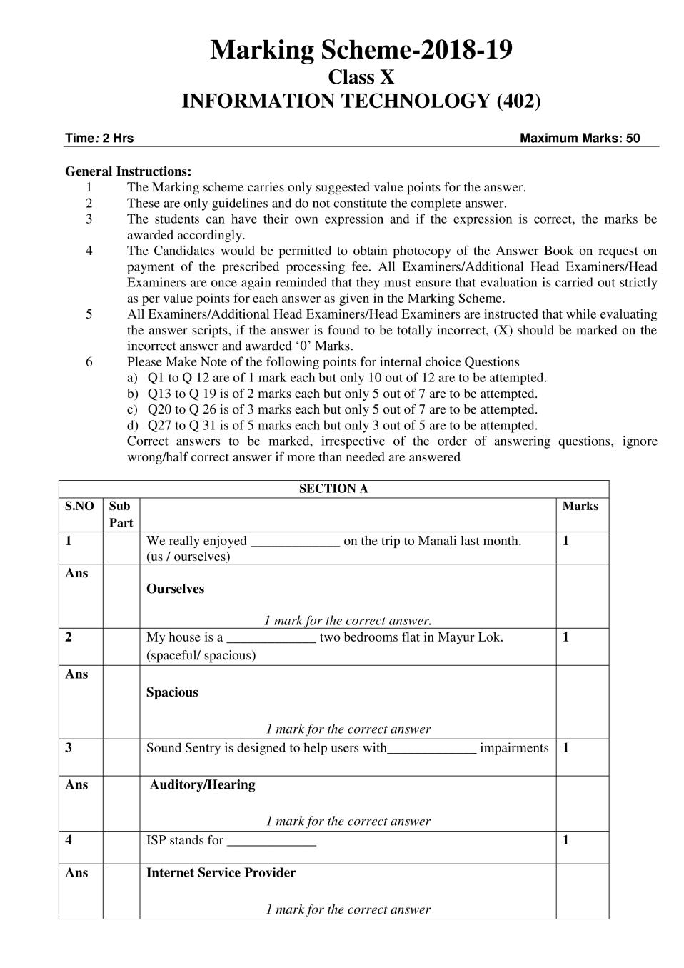 CBSE Class 10 Information Technology Question Paper 2019 Solutions - Page 1