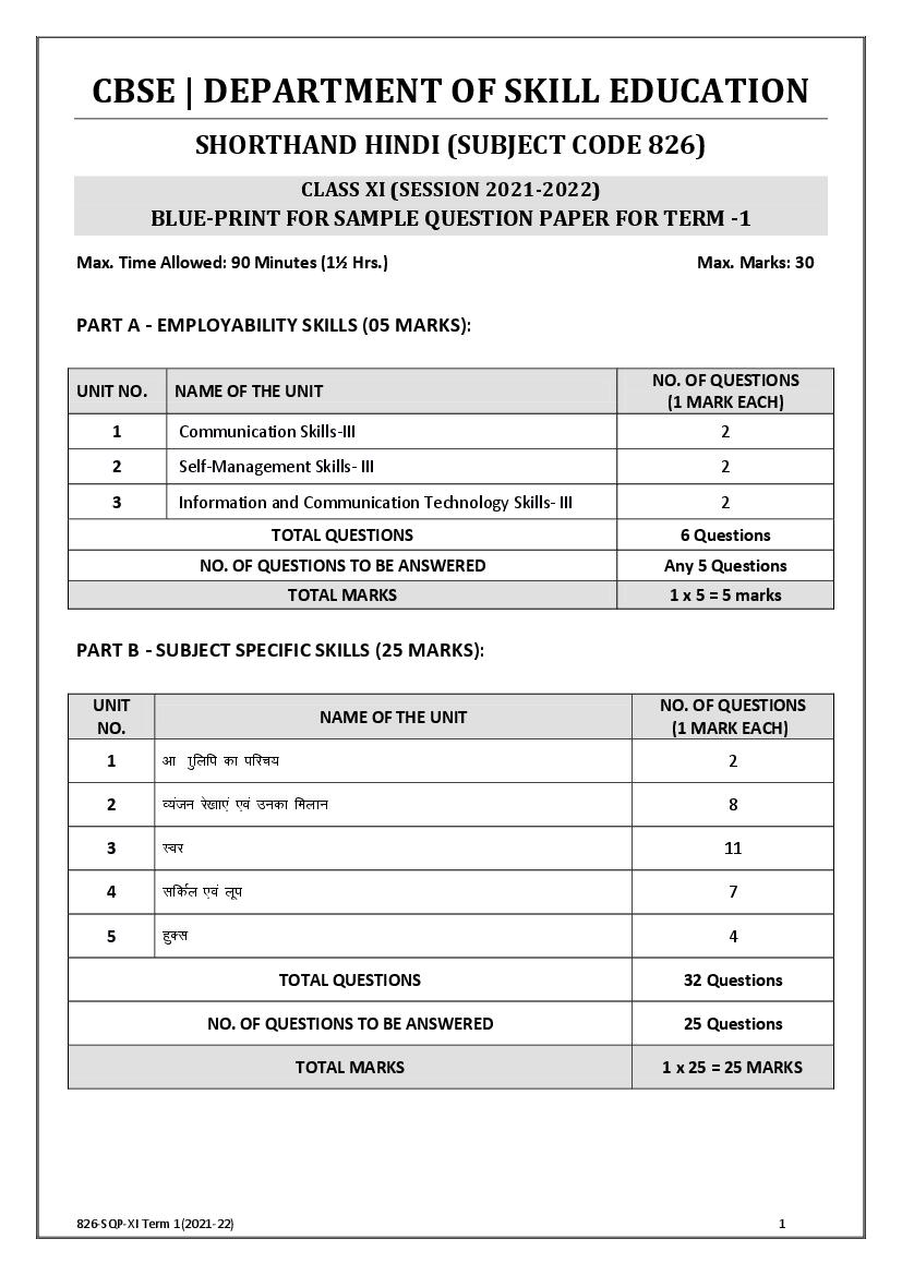 CBSE Class 11 Sample Paper 2022 for Shorthand Hindi Term 1 - Page 1