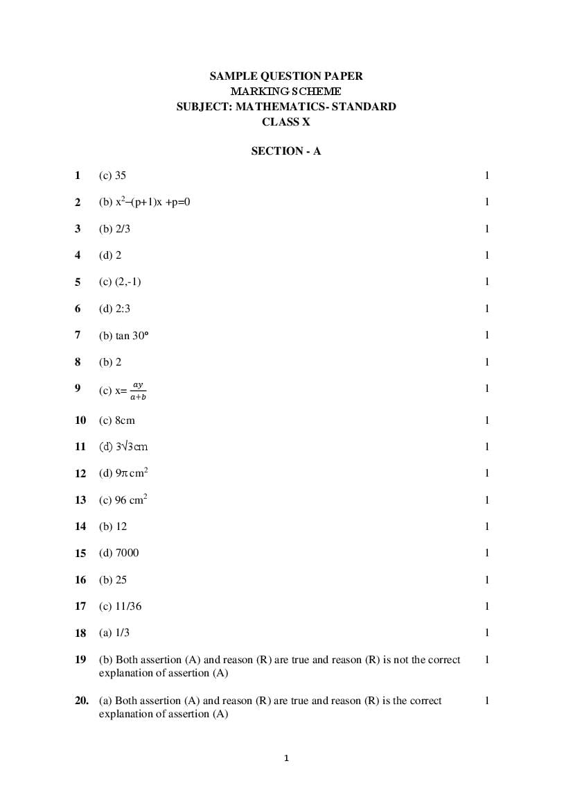 CBSE Class 10 Sample Paper 2023 Solutions for Maths Standard - Page 1