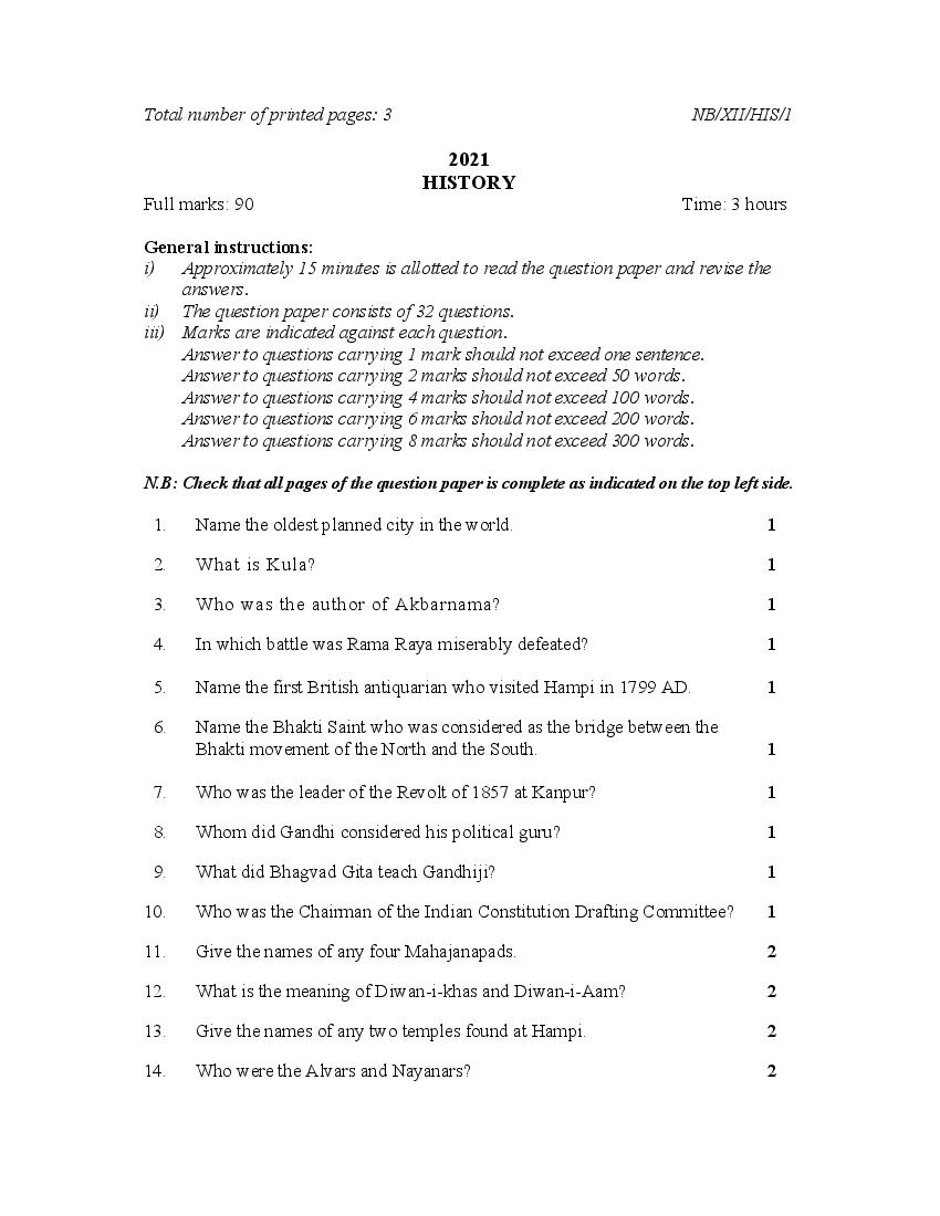 NBSE Class 12 Question Paper 2021 for History - Page 1